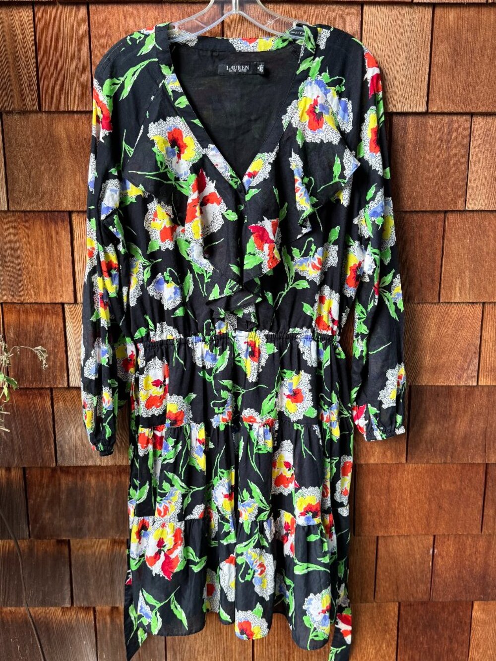 Ralph Lauren Black Floral Cotton Voile Fit and Flare Dress in Women's 12